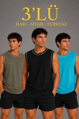 Tarz Yeri Erkek 3 Lü Kolsuz Sporcu Atlet Seti Yazlık Bisiklet Yaka - Siyah, Haki, Açık Mavi Çok Renkli
