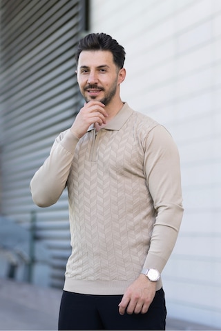 Hk Premium Erkek Triko Kazak Zikzak Desenli Polo Yaka Fermuarlı Slim Fit Bej