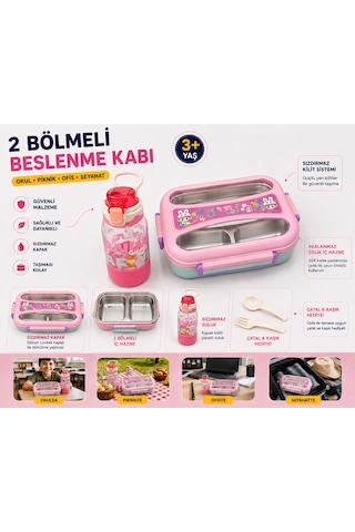 Muzeko Suluklu 2 Bölmeli Paslanmaz Çelik Yemek Kabı Sızdırmaz Kapaklı, Taşınabilir Beslenme Kabı Çatal Kaşık Hediye Krem 2081 1000+550ml Açık Pembe