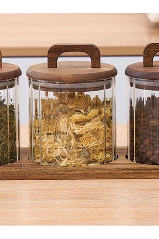 Qerhome 3'lü Borosilikat Cam Akasya Stantlı Akasya Kapaklı Çizgili Baharatlık 600 Ml ŞEffaf