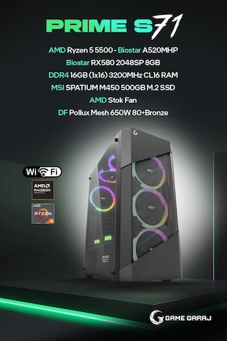 Game Garaj Prime S71 R5-5500 16 GB 500 GB SSD 8 GB RX580 Free Dos Oem Paket Masaüstü Oyuncu Bilgisayarı