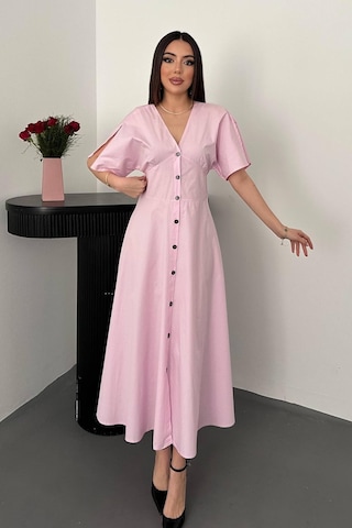 Duygudan Pembe Düğmeli Midi Boy Poplin Elbise - Pembe Çok Renkli