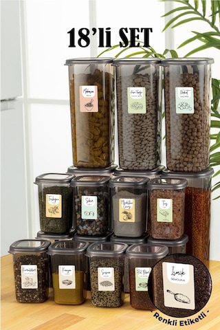 Vienev 18li Renkli Etiketli Peggy Kare Erzak Ve Baharat Full Set 6x 1,75 12x 0,45 Ant Çok Renkli