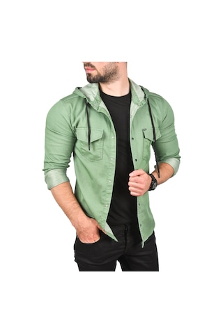 Deepsea Erkek Yeşil Kapüşonlu Slim Fit Dar Kesim Gömlek Likralı Pamuklu Likralı Kot Gömlek 2300396 Yeşil