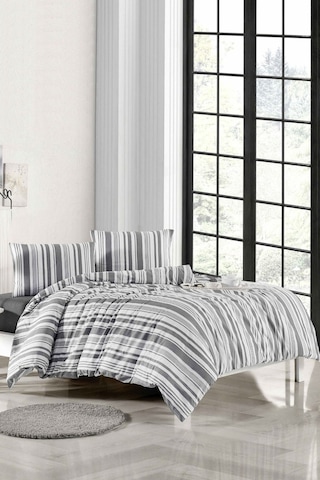 Ely Parker Tek Kişilik Nevresim Takımı (90x190 Lastikli Çarşaf+Yorgan Kılıfı+Y.Kılıfı) Çizgili Beyaz 90 x 190 Beyaz