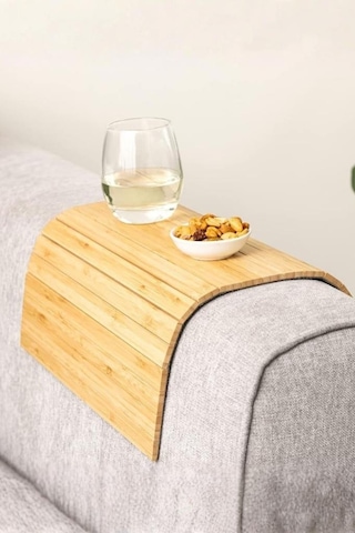 Bambu Koltuk Kolu Sehpası Esnek Lamelli Kolçak Tepsisi, Kanepe Üstü Servis & İçecek Standı Bambu