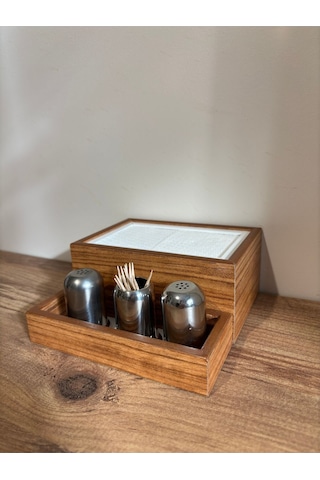 Mimoza Baharatlık Bölmeli Ahşap Masaüstü Peçetelik 12 Adet Restaurant Dispenser Afrika Ceviz Baharatlıklar Hariç