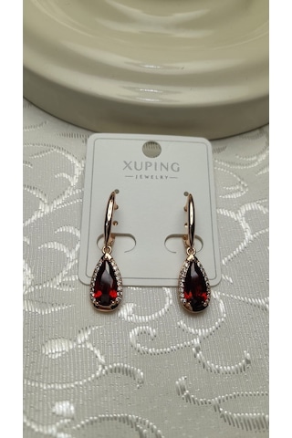 Uzel Xuping Küpe Çelik Sarı Etrafı Taşlı Küpe, Zirkon Taşlı Çelik Küpe Kırmızı