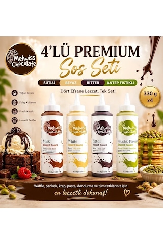 Melwiss Chocolate 4 Lü Premium Tatlı Sos Seti Sütlü Beyaz Bitter Antep Fıstıklı 330 Gr X 4