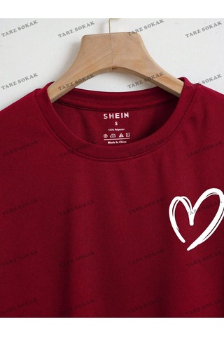 Flood Of Style Crop Ckod-232913 Kalp Desenli Kısa Bordo
