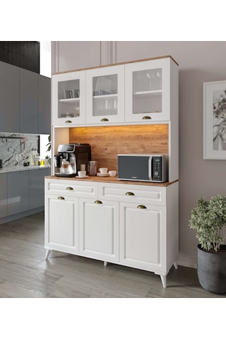 Guneystore Gözde Kahve Köşesi - 140 Cm Mdf Ayaklı Mutfak Dolabı - Led Aydınlatmalı Atlantik Çam - Beyaz