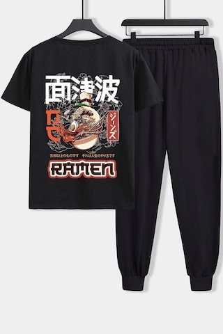 Uyguntarz Unisex Ramen Baskılı 2 Li Eşofman Takımı Siyah