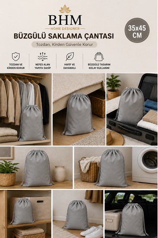 5'li Büzgülü Saklama Çantası 35x45 Cm Nefes Alan Ayakkabı Kılıfı Toz Koruyucu Organizer Gri