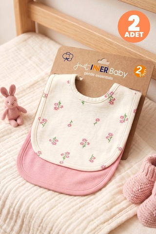 Just Inner Kız Bebek 2'li Pamuklu Önlük Çiçekli Çıtçıtlı Çift Katlı Cilt Dostu 684303 Somon