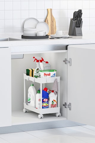 Beyaz 2 Katlı Tekerlekli Düzenleyici Mutfak Ve Banyo Rafı
