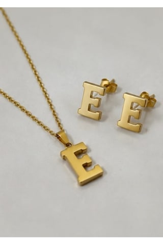Lunarie E Harfi 14k Gold Çelik Harf Kolye Küpe Takı Seti Altın