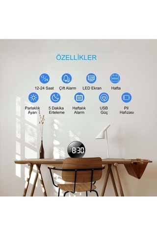 Siyah Yuvarlak Led Dijital Masa Saati Usb Güçlü Alarm Ve Snooze Özellikli Büyük Ekran Masaüstü Saat