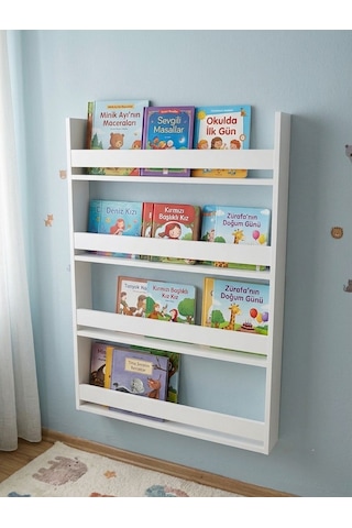 Montessori 4 Raflı Çocuk Kitaplığı Çok Amaçlı Dekoratif Duvar Rafı 120x60 Beyaz