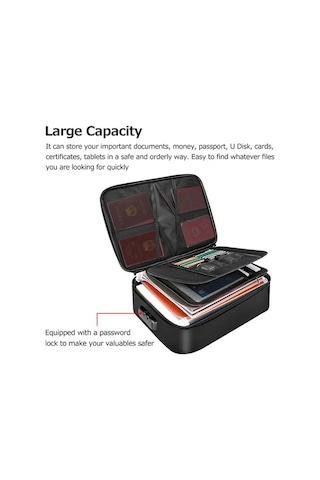 Artfulabode Çok Fonksiyonlu Belge Çantası Büyük Kapasite Yangına Dayanıklı Su Geçirmez Dosya Sertifika Saklama Çantası Şifreli Kilitli Siyah Siyah