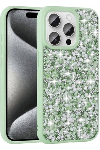 Apple Uyumlu iPhone 15 Pro Kılıf Parlak Taşlı Tasarım Zore Linea Kapak Light Green