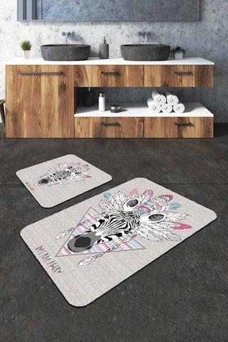 Gri Hayvan Temalı Banyo Halısı Klozet 2'li Paspas Seti Bs310n11