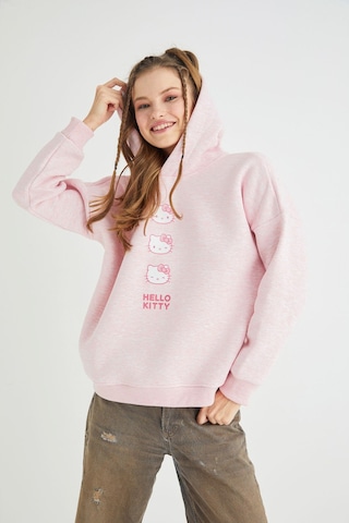 Hello Kitty Lisanslı Baskılı Kapüşonlu Pembe Sweatshirt Renkli