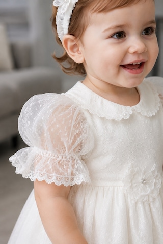 Babyhola Dantel Detay Özel Tasarım Kız Bebek Çocuk Abiye Elbise Saç Bandı Mevlüt Doğum Günü Set 7029 Ekru