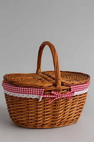 Kırmızı Ekoseli Kapaklı Piknik Sepeti 40x30x19 Cm Hasır Görünümlü Termoform Sepet Kahverengi