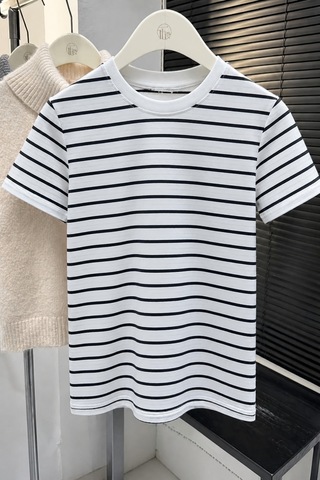 Makentmoda Çocuk Yazlık Ince Çizgili Yarım Kol T-shirt Beyaz