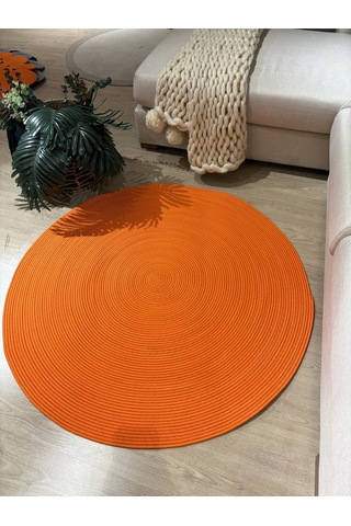 Turuncu Jüt Yuvarlak Hasır Görünümlü Klasik Halı Kilim Turuncu