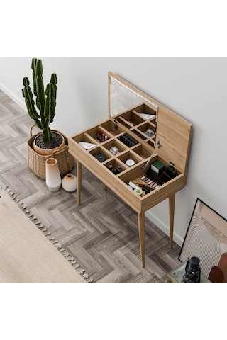 2222 Flora Düşer Kapaklı Aynalı Ahşap Ayaklı 80cm Makyaj Masası