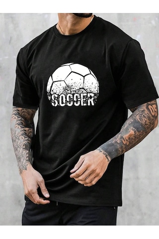 Soccer Ball T-shirt - Siyah Baskılı Oversize Bisiklet Yaka Kısa Kol Tişört Siyah