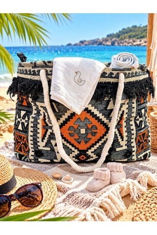 Etnik Desenli Kilim Omuz Ve Plaj Çantası 50x30 Cm Açık Gri