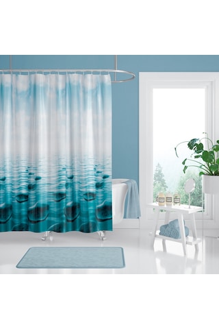 Duş Perdesi Küf Tutmaz Polyester Kumaş Banyo Perdesi Tek Kanat Banyo Dekorasyon Perdesi 180x200 cm Mavi
