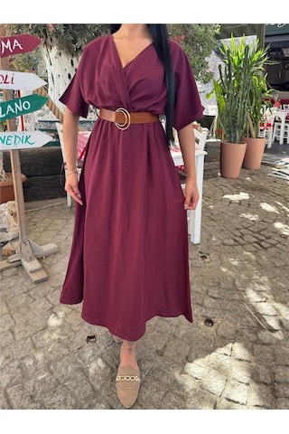 WeShaya Bordo Kruvaze Kemerli Saten Elbise Bordo