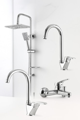 Krom 4lü Set Banyo Bataryası Eviye Bataryası Lavabo Bataryası Duş Tepe Yağmurlama Seti Özel Seri Krom