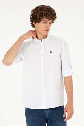 U.S. Polo Assn. Erkek Lila Çizgili Beyaz Gömlek 50288675-VR034