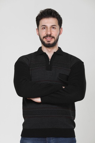 Kzc Tekstil Erkek Baba Orta Yaş Ve Üzeri Triko Örgü Akrilik Kışlık Regular Fit Cepli Fermuarlı Polo Yaka Kazak Siyah