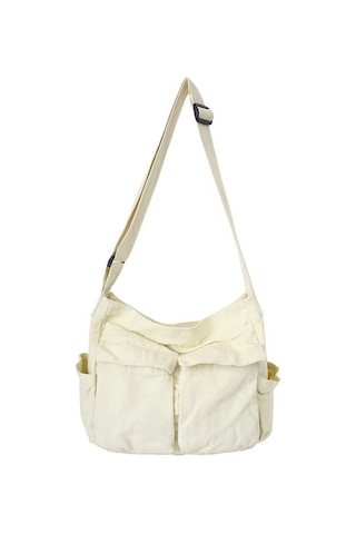 Xianwen Büyük Tuval Messenger Çantası Çok Cepli Hobo Çapraz Beyaz