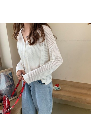 Beyaz Kadın İlkbahar Ve Yaz V Yaka Delikli Uzun Kollu Klimalı Gömlek İçin İnce Örgü Güneş Koruyucu Hırka Ceket Beyaz