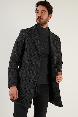 Buratti Slim Fit Tek Yırtmaçlı Düğmeli Mono Yaka Kaşe Erkek Kaban 5840098 Antrasit Ekoseli