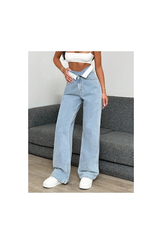 Kene Jeans Yüksek Bel Kemer Yakalı Bol Paça Jeans Mavi