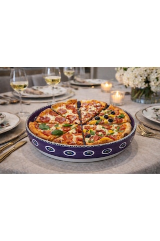 El Yapımı Çini Pizza Tabağı 30 Cm Nazar Motifli Seramik Servis Tabağı Sunum & Sofra Dekoru Çok Renkli
