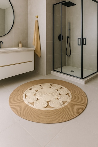 Mavaux Jutella Hasır Krem Ortası Kurabiyeli Jüt Hasır Yuvarlak Modern Salon Banyo Kilim Halı Paspas Yolluk Krem