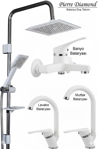 04-1 Lavabo Banyo Mutfak Bataryaları Ve Robot Duş Seti Siyah Krom / Beyaz Krom Takımlar Musluk Armatür Beyaz - Krom