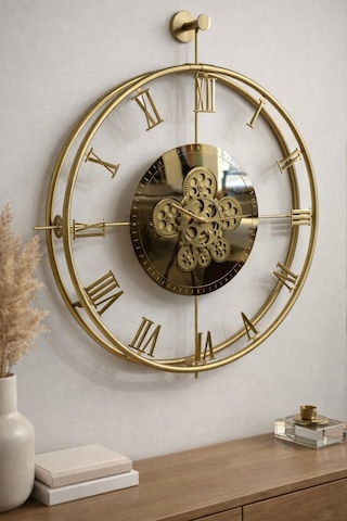 Metaquartz Aksesuar Dönence Gold Roma Rakamlı , Modern Dekoratif Metal Duvar Saati Gold