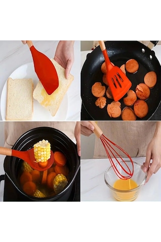 Tilbe Home 12'li Silikon Kevgir Kepçe Kaşık Fırça Spatula Çırpıcı Maşa Servis Seti Bambu Kırmızı Mut