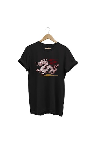 Mitolojik Asya Çin Ejderha Baskılı %100 Pamuk Regular Fit Bisiklet Yaka Siyah T-shirt Siyah