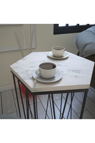 Cetrus Beyaz Mermer Yan Sehpa & Servis Sehpası Metal Marmo