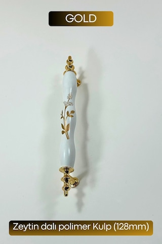 Polimer Zeytindalı Kulp Lüks Modern Mobilya Çekmece Vestiyer Mutfak Dolabı Kulpu 128mm Beyaz-gold